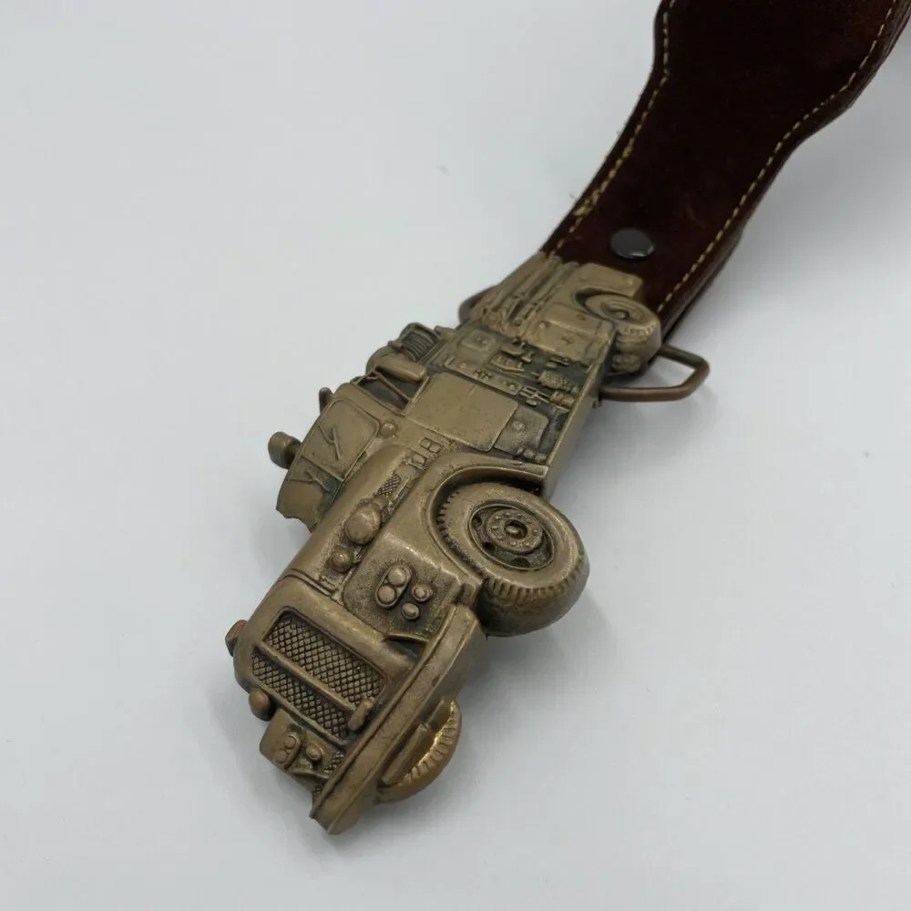 Vintage 1978 Solid Brass Fire Truck Belt Buckle by Baron Buckles Italian Leather
